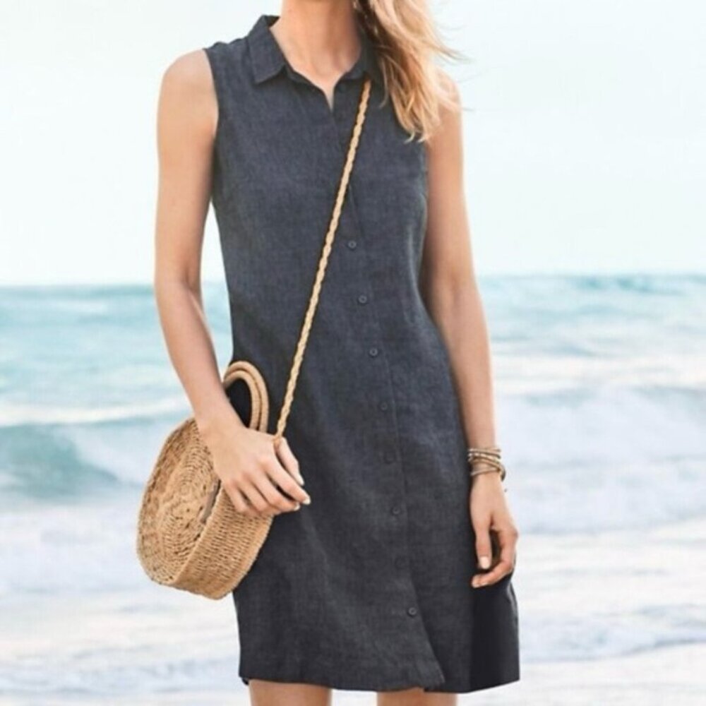 Garnet Hill Women’s Size 4 Linen Blue Sleeveless Button-Down Shirt Dress